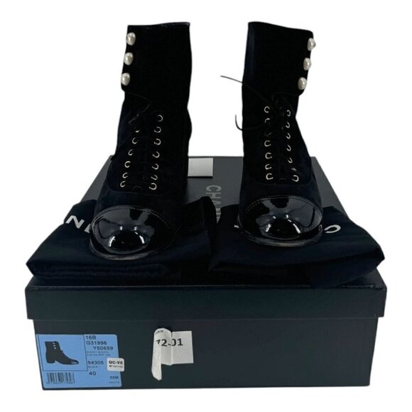 Chanel Suede Pearl CC Logo Patent Cap Toe Short Boots - Picture 8 of 16